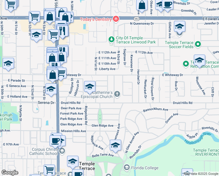 map of restaurants, bars, coffee shops, grocery stores, and more near 523 Carriage Hills Drive in Temple Terrace