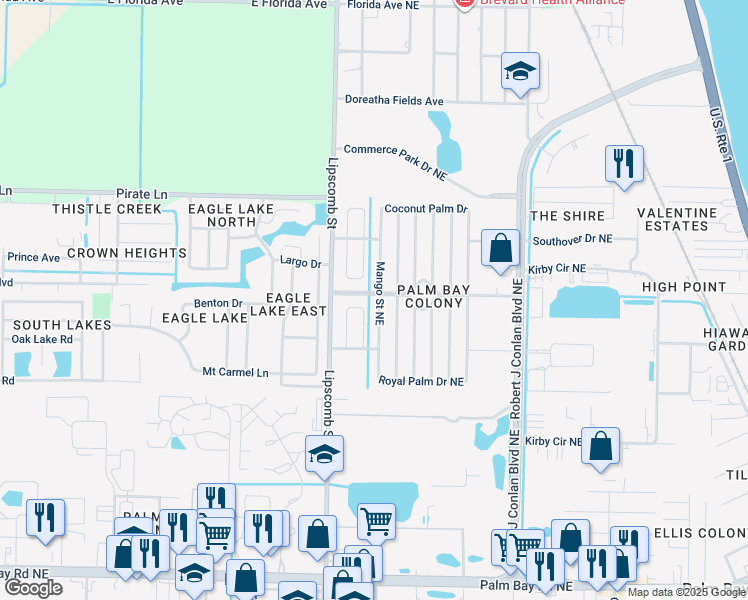 map of restaurants, bars, coffee shops, grocery stores, and more near 1860 Mango Street Northeast in Palm Bay