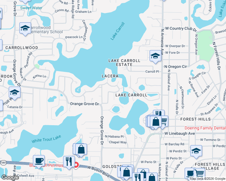 map of restaurants, bars, coffee shops, grocery stores, and more near 10522 Homestead Drive in Tampa