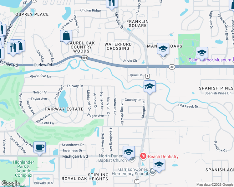 map of restaurants, bars, coffee shops, grocery stores, and more near 2381 Sarazen Drive in Dunedin