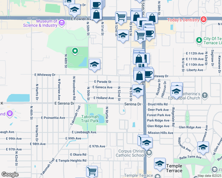 map of restaurants, bars, coffee shops, grocery stores, and more near 5127 East Seneca Avenue in Tampa