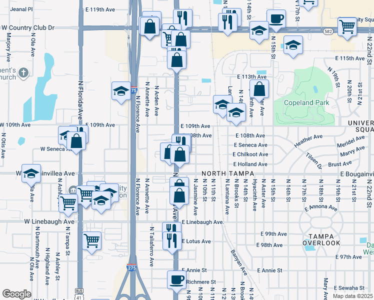 map of restaurants, bars, coffee shops, grocery stores, and more near 10567 North Nebraska Avenue in Tampa