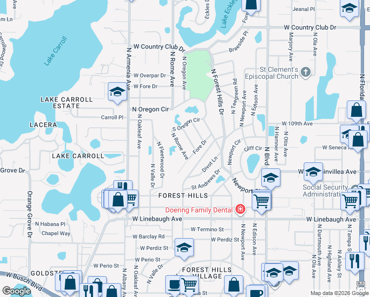 map of restaurants, bars, coffee shops, grocery stores, and more near 10708 North Waterhole Place in Tampa
