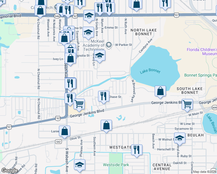 map of restaurants, bars, coffee shops, grocery stores, and more near 308 Noble Avenue in Lakeland