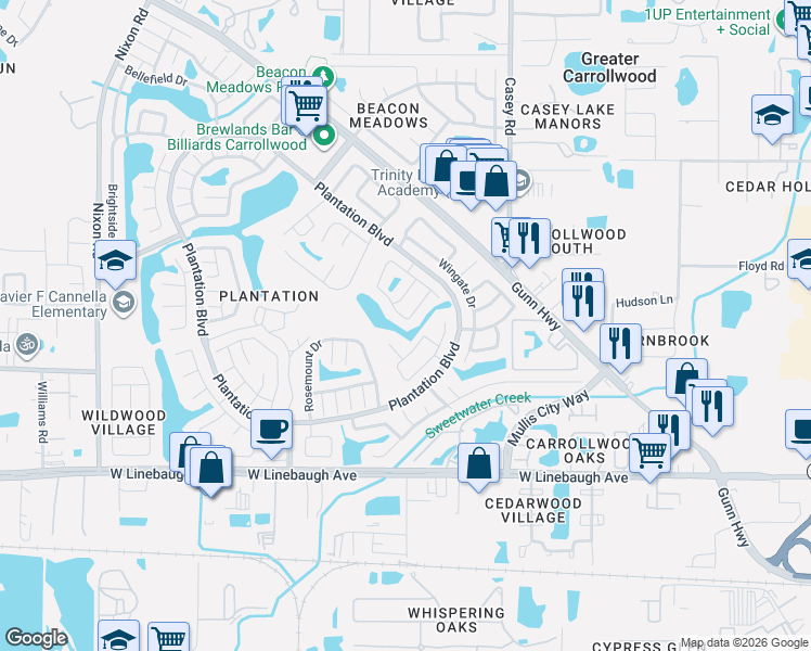 map of restaurants, bars, coffee shops, grocery stores, and more near 4815 Grove Point Drive in Tampa