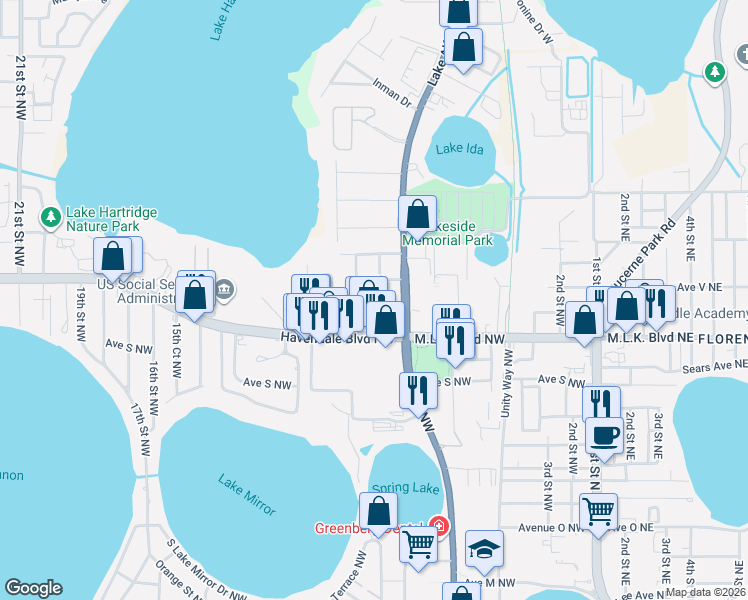 map of restaurants, bars, coffee shops, grocery stores, and more near 2009 9th Street Northwest in Winter Haven