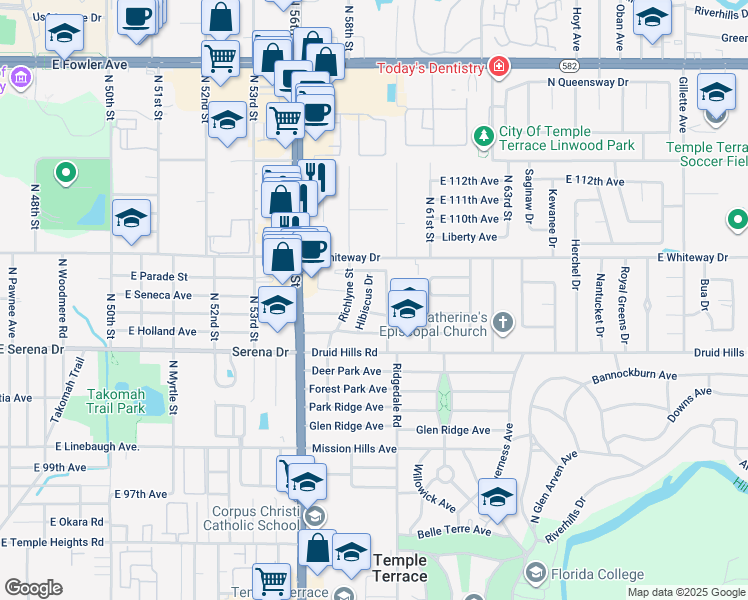map of restaurants, bars, coffee shops, grocery stores, and more near 511 Hibiscus Drive in Temple Terrace