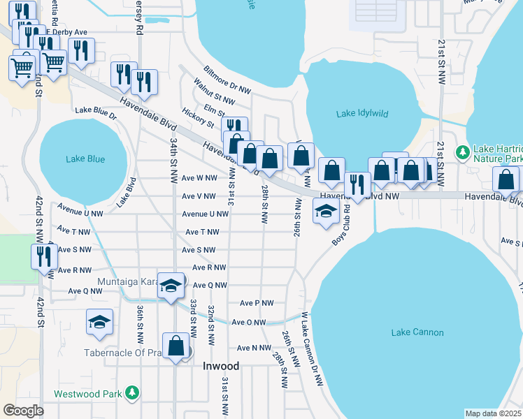 map of restaurants, bars, coffee shops, grocery stores, and more near 2801 Avenue U Northwest in Winter Haven