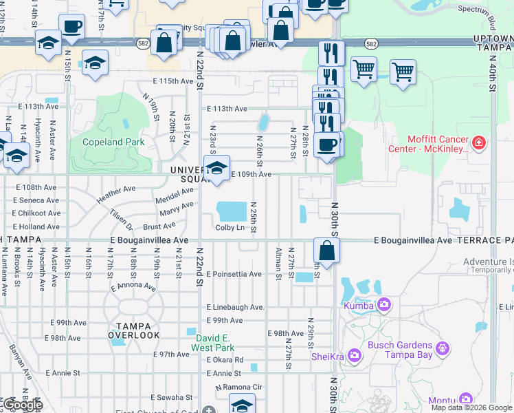 map of restaurants, bars, coffee shops, grocery stores, and more near 10607 North 25th Street in Tampa