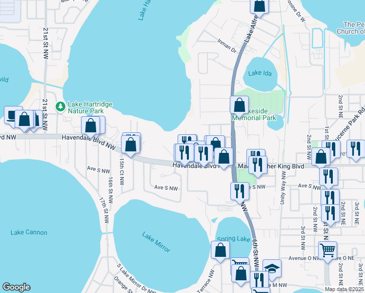 map of restaurants, bars, coffee shops, grocery stores, and more near 2209 12th Street Northwest in Winter Haven