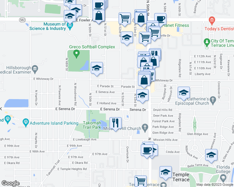 map of restaurants, bars, coffee shops, grocery stores, and more near 5127 East Seneca Avenue in Tampa