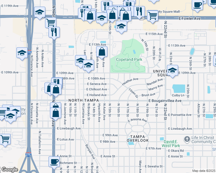 map of restaurants, bars, coffee shops, grocery stores, and more near 10610 North 15th Street in Tampa