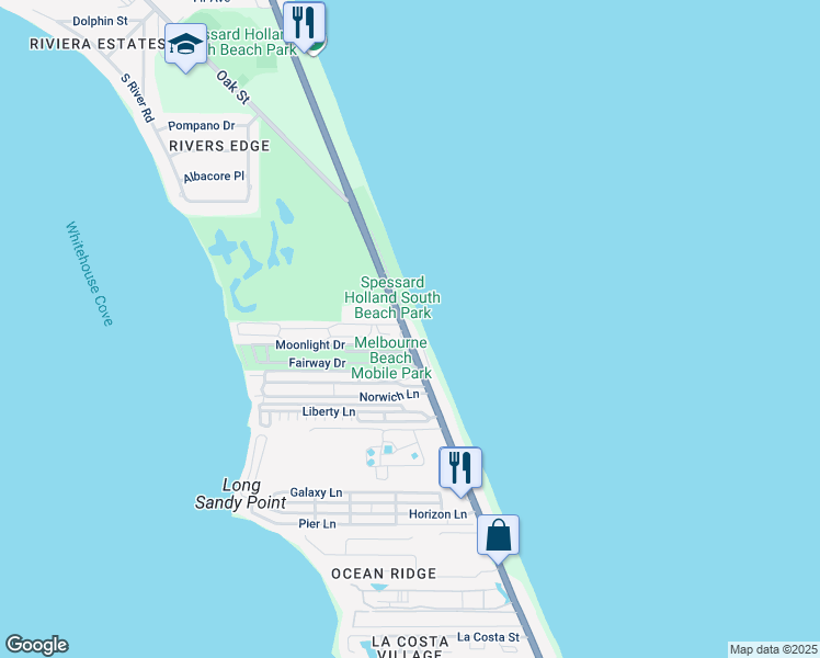 map of restaurants, bars, coffee shops, grocery stores, and more near 2585 South Highway A1A in Melbourne Beach