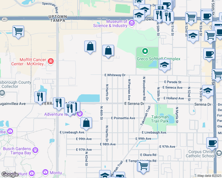 map of restaurants, bars, coffee shops, grocery stores, and more near 4616 East Seneca Avenue in Tampa
