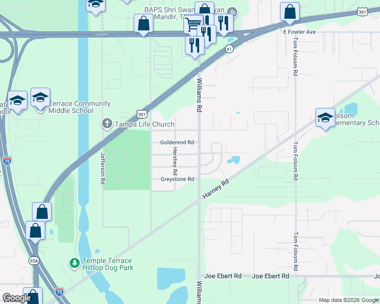 map of restaurants, bars, coffee shops, grocery stores, and more near 9404 Eastfield Road in Thonotosassa