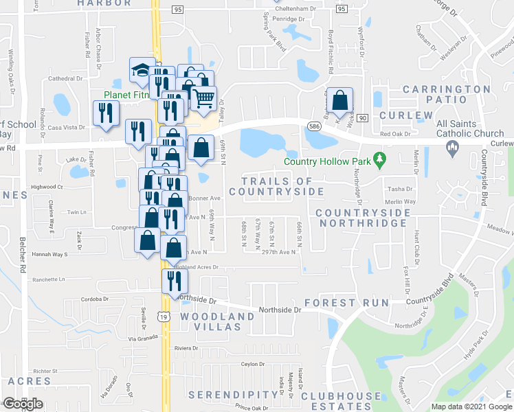 map of restaurants, bars, coffee shops, grocery stores, and more near 2524 Cumberland Trail in Clearwater