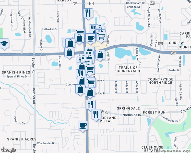 map of restaurants, bars, coffee shops, grocery stores, and more near 29837 70th Street North in Clearwater