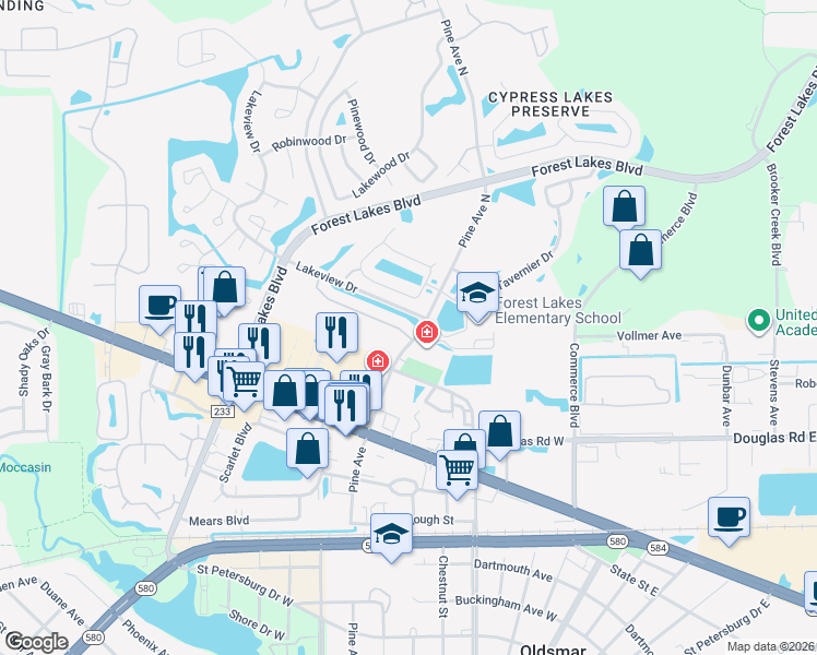 map of restaurants, bars, coffee shops, grocery stores, and more near 208 Hemingway Drive in Oldsmar
