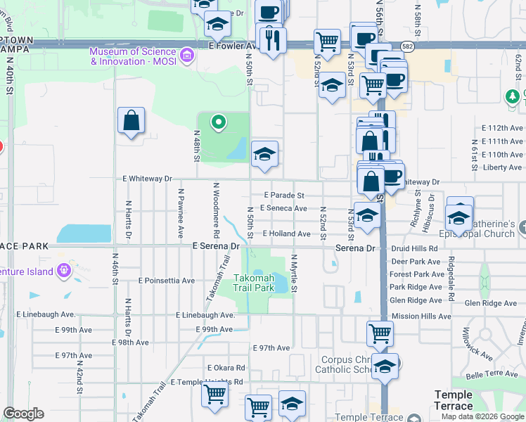 map of restaurants, bars, coffee shops, grocery stores, and more near 5007 East Seneca Avenue in Tampa