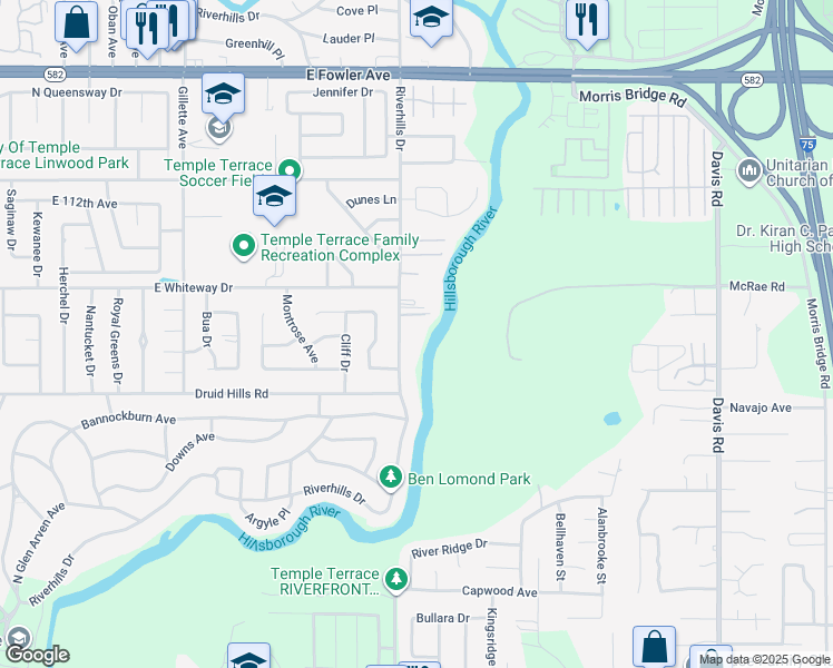 map of restaurants, bars, coffee shops, grocery stores, and more near 1601 Riverhills Drive in Tampa