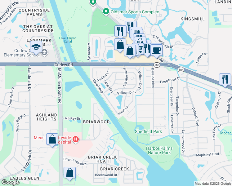 map of restaurants, bars, coffee shops, grocery stores, and more near 425 Pelican Drive East in Oldsmar