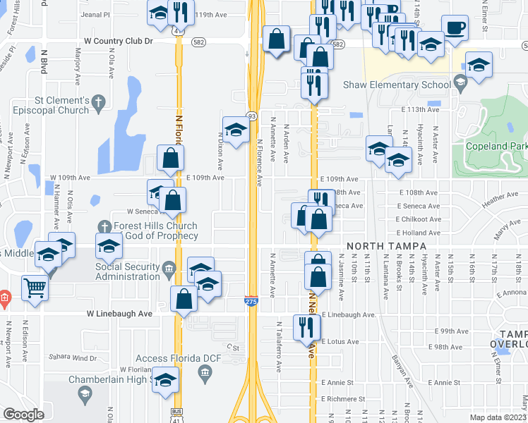 map of restaurants, bars, coffee shops, grocery stores, and more near 709 East Seneca Avenue in Tampa