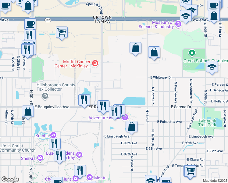 map of restaurants, bars, coffee shops, grocery stores, and more near 10811 McKinley Drive in Tampa