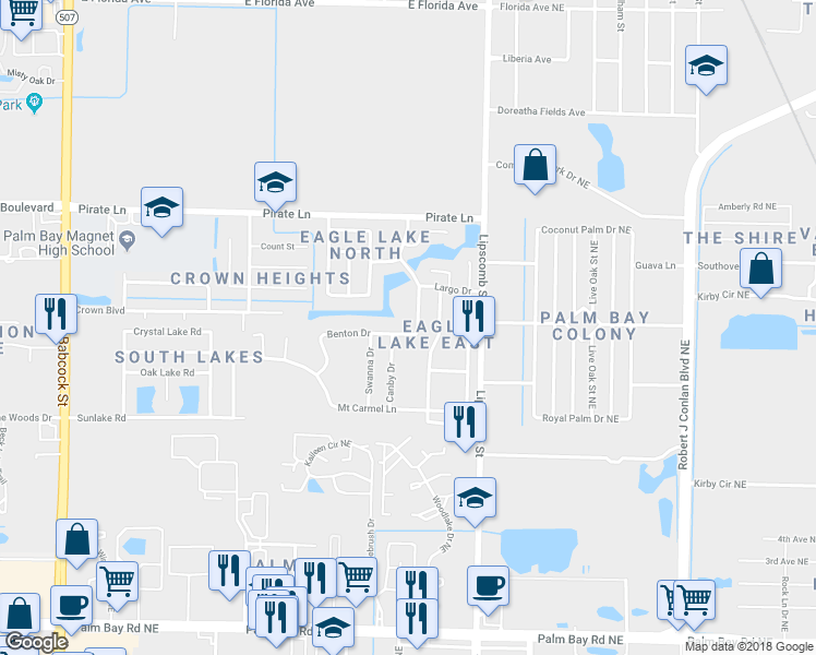 map of restaurants, bars, coffee shops, grocery stores, and more near 800 Benton Drive in Melbourne