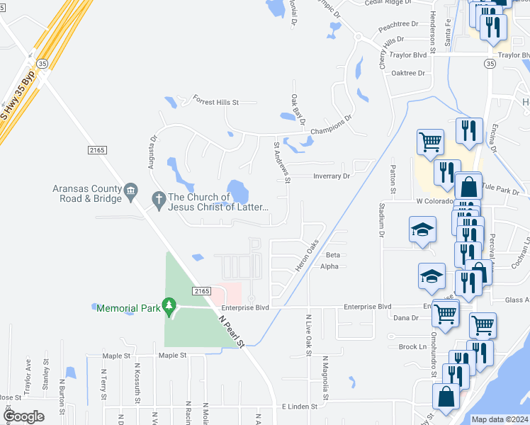 map of restaurants, bars, coffee shops, grocery stores, and more near 406 Cascades Drive in Rockport