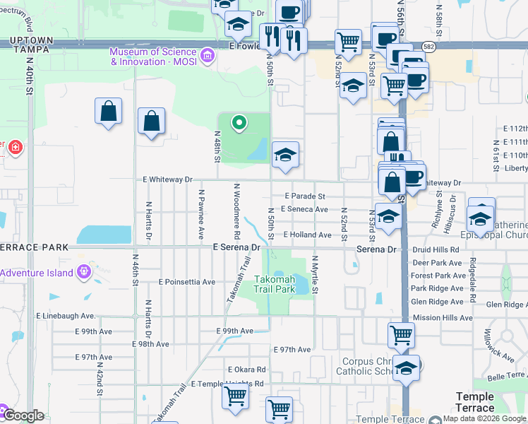 map of restaurants, bars, coffee shops, grocery stores, and more near 10608 North 50th Street in Tampa