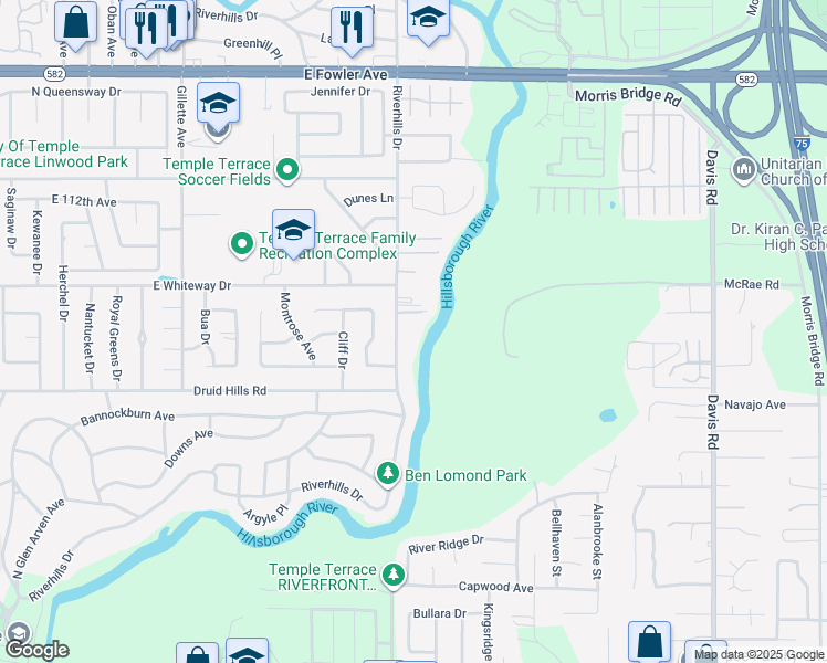 map of restaurants, bars, coffee shops, grocery stores, and more near 1601 Riverhills Drive in Tampa