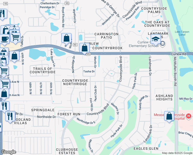 map of restaurants, bars, coffee shops, grocery stores, and more near 2785 Merlin Way in Clearwater
