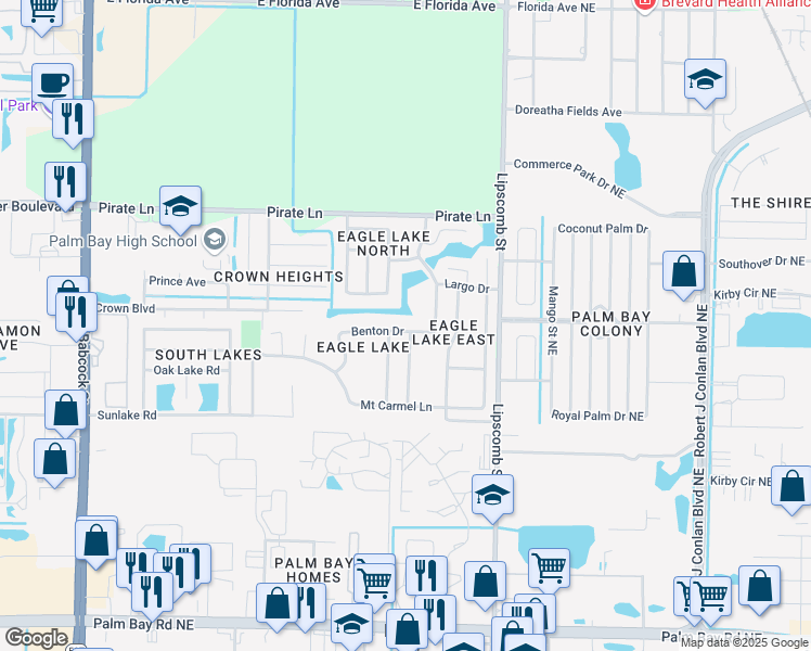 map of restaurants, bars, coffee shops, grocery stores, and more near 740 Benton Drive in Melbourne