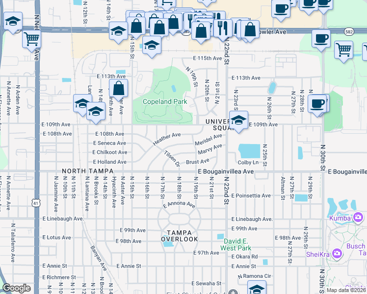 map of restaurants, bars, coffee shops, grocery stores, and more near 1815 Meridel Avenue in Tampa