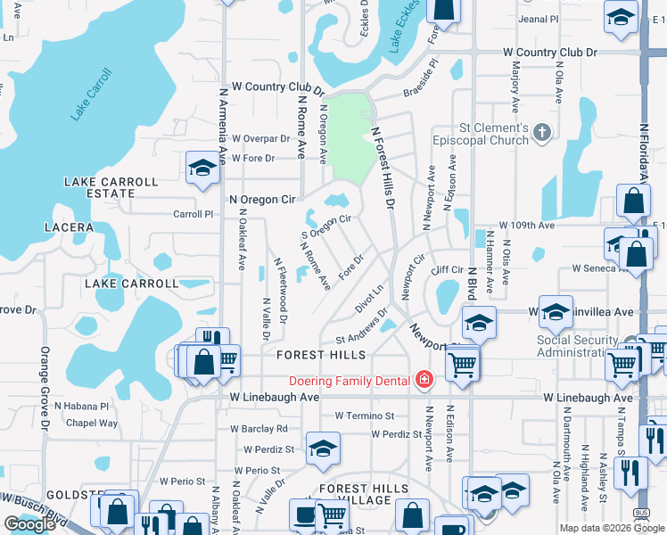map of restaurants, bars, coffee shops, grocery stores, and more near 10708 North Waterhole Place in Tampa