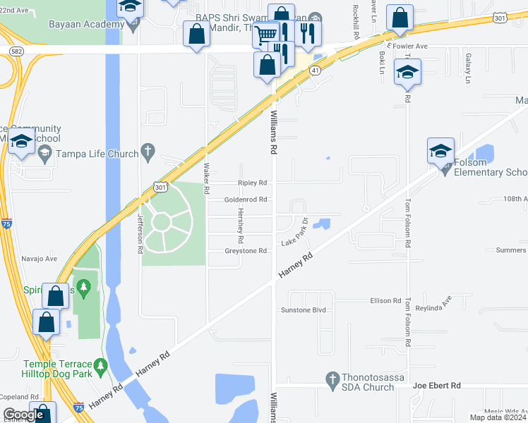 map of restaurants, bars, coffee shops, grocery stores, and more near 9404 Eastfield Road in Thonotosassa