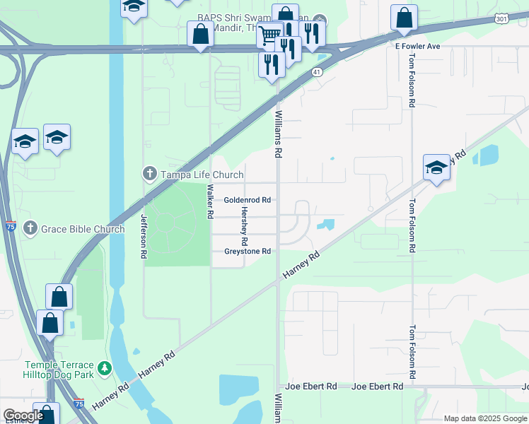 map of restaurants, bars, coffee shops, grocery stores, and more near 9404 Eastfield Road in Thonotosassa