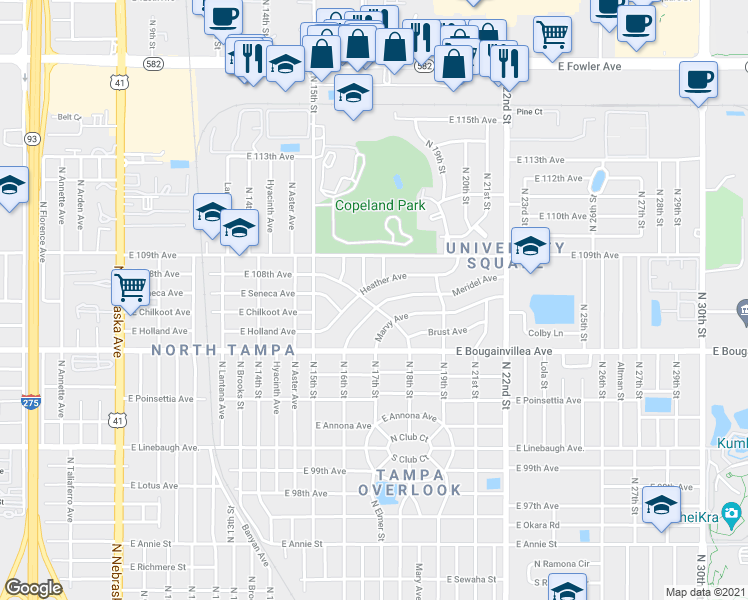 map of restaurants, bars, coffee shops, grocery stores, and more near 1804 Meridel Avenue in Tampa