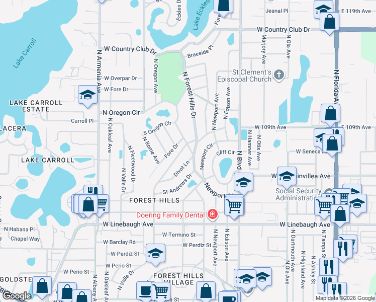 map of restaurants, bars, coffee shops, grocery stores, and more near 10402 North Forest Hills Drive in Tampa