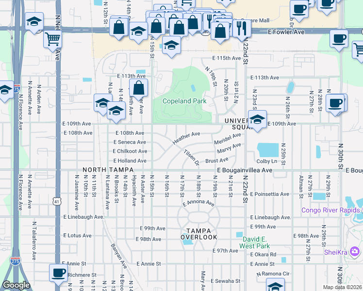 map of restaurants, bars, coffee shops, grocery stores, and more near 1804 Meridel Avenue in Tampa