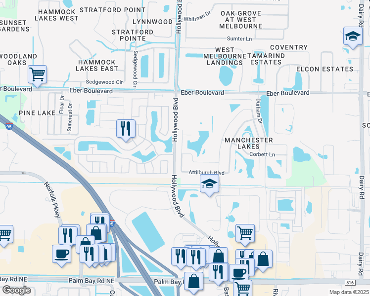 map of restaurants, bars, coffee shops, grocery stores, and more near 2198 Attilburgh Boulevard in West Melbourne