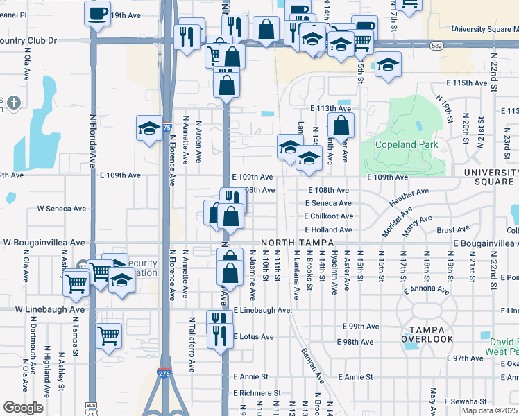 map of restaurants, bars, coffee shops, grocery stores, and more near 1003 East Seneca Avenue in Tampa