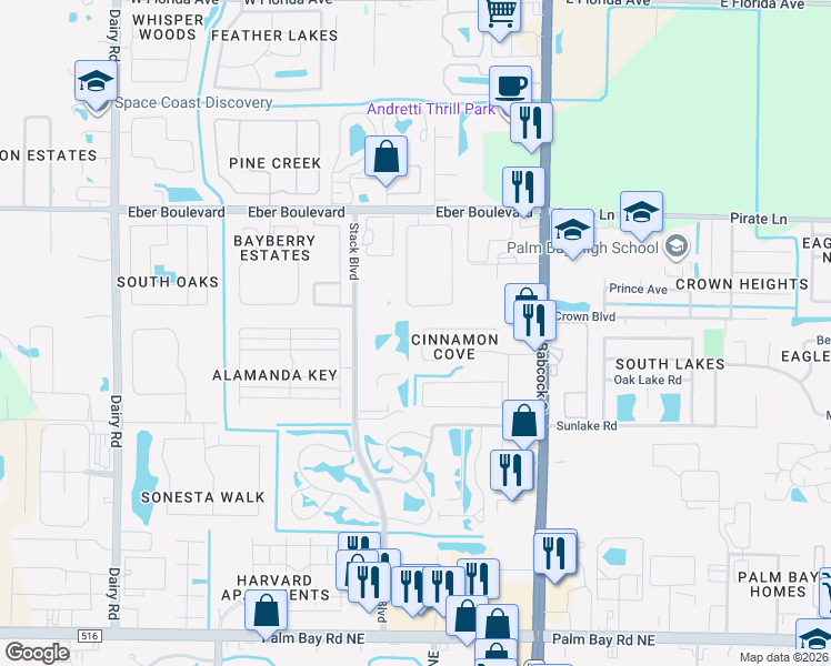 map of restaurants, bars, coffee shops, grocery stores, and more near 245 Cinnamon Lake Circle in Melbourne