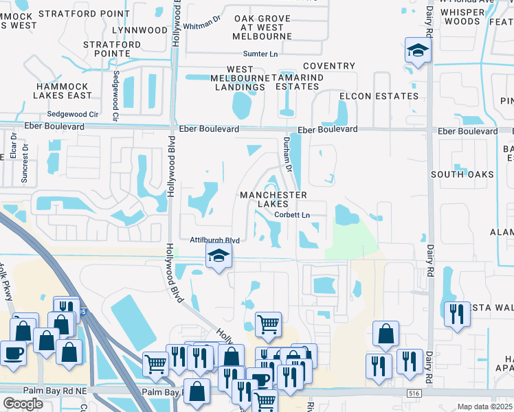 map of restaurants, bars, coffee shops, grocery stores, and more near 1539 Corbett Lane in Melbourne