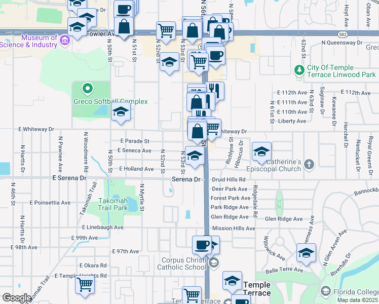 map of restaurants, bars, coffee shops, grocery stores, and more near 10609 North 53rd Street in Temple Terrace