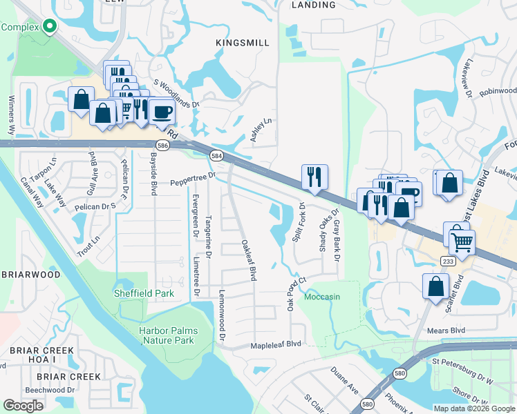map of restaurants, bars, coffee shops, grocery stores, and more near 1713 Azalea Court in Oldsmar