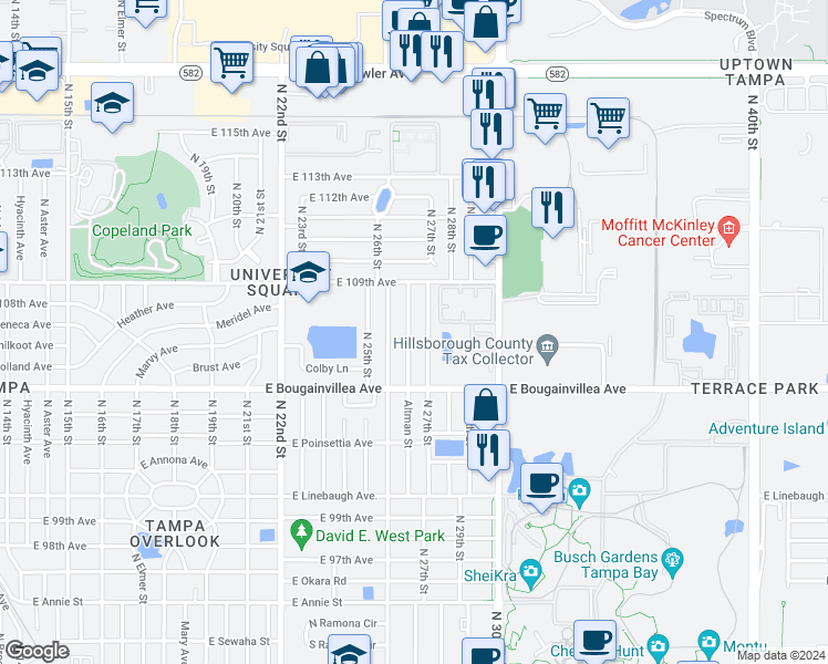 map of restaurants, bars, coffee shops, grocery stores, and more near 10603 N Altman St in Tampa