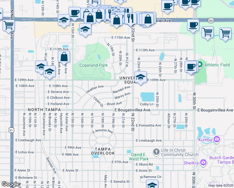 map of restaurants, bars, coffee shops, grocery stores, and more near 1903 Meridel Avenue in Tampa
