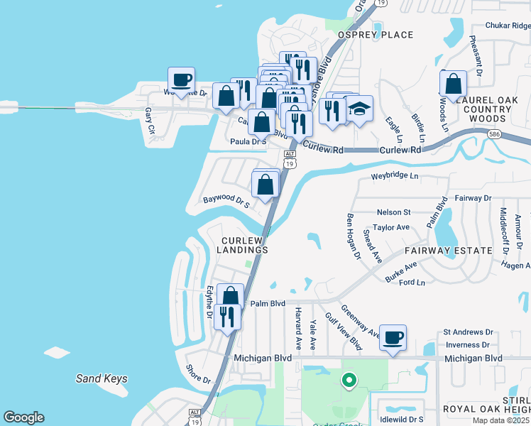 map of restaurants, bars, coffee shops, grocery stores, and more near 2412 Bayshore Boulevard in Dunedin