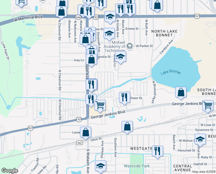 map of restaurants, bars, coffee shops, grocery stores, and more near 88 Lucile Street in Lakeland